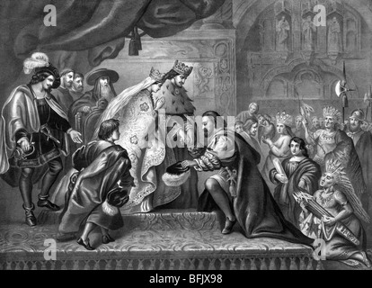 Imprimir c1870 representando a Cristóbal Colón arrodillado ante los Reyes Católicos, Fernando e Isabel después de su primer viaje a América en 1492. Foto de stock
