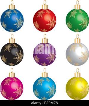 Conjunto de 9 adornos de navidad con copos de oro. Ilustración vectorial foto real 3D. Foto de stock