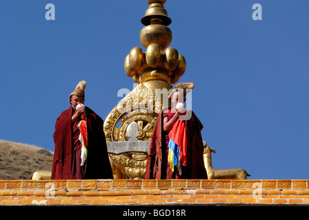 Los monjes tibetanos en el salpicadero y amarillo headgears de la orden Gelukpa en el techo del Salón de la Asamblea, el Tibetano Dukhang llamando al Foto de stock