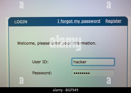 Pantalla de ordenador que muestra la página de inicio de sesión con el id de usuario de hacker Foto de stock