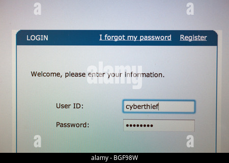 Pantalla de ordenador que muestra la página de inicio de sesión con el id de usuario de cyberthief Foto de stock