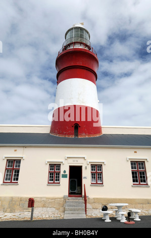 Faro de Cape Agulhas, el punto más al sur del continente africano cielo azul precioso día Western Cape ayuda a la navegación Foto de stock