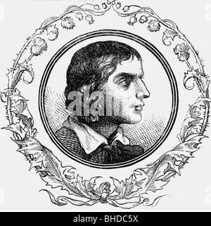Keats, Juan, 29. Oder 31.10.1795 - 23.2.1821, poeta inglés, retrato, perfil, grabado de madera, siglo 19, , Foto de stock