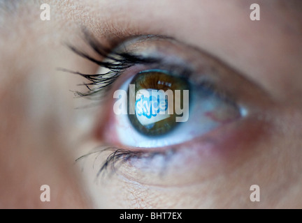 Skype teléfono Internet Video y sitio web logo reflejado en los ojos de los womans de pantalla de ordenador