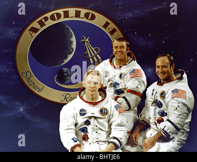 La tripulación del Apolo 14, piloto del módulo de comando del A. Stuart Roosa, Comandante Alan B. Shepard Jr. y piloto del Módulo Lunar Edgar D. Mitchell Foto de stock