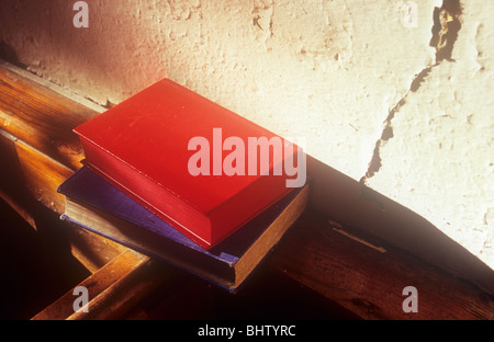 Uno rojo y uno azul libro sentado en la repisa de madera en las cálidas noches de luz solar y que generan largas sombras en crema de textura pared Foto de stock