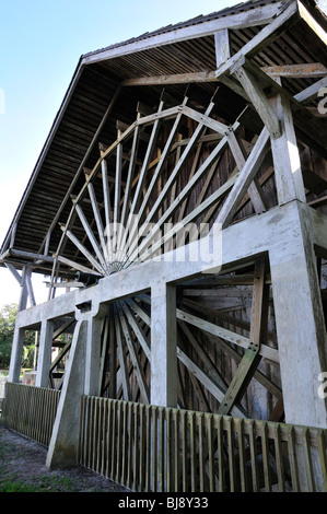 Una rueda de agua gigante adorna el lateral del castellano antiguo molino de azúcar en restaurante de Leon Springs State Park, Florida Foto de stock