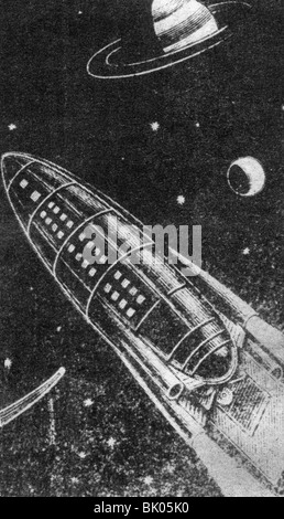 Tsiolkovskii, Konstantin Eduardovich, 17.9.1857 - 19.9.1935, físico ruso, matemático, cohete en el espacio, dibujo después de Tsiolkovskii,