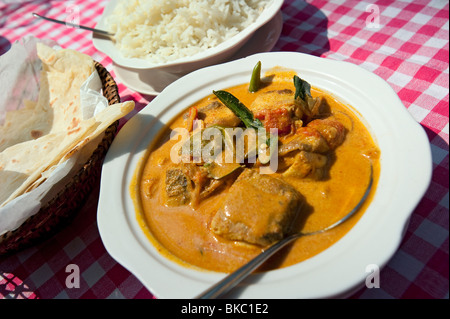 Masala pescado al curry con arroz y el típico pan de India, Kerala, India