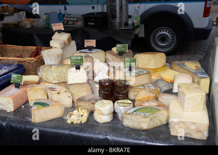 Selección de quesos incluyendo queso irlandés en una especialidad puesto de comida en un mercado al aire libre en el Condado de Down en Holywood Foto de stock