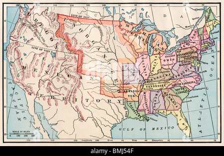 Mapa de los Estados Unidos en 1830. Litografía de color Foto de stock