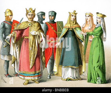 En la imagen aparecen: Rey Richard Lionhearted en atuendo militar y en el real atuendo, dos caballeros, Reina Berengaria, dos damas. Foto de stock