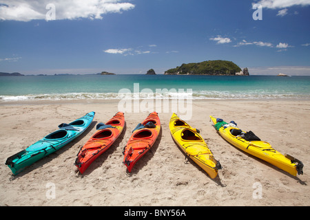 En la playa, kayaks, Hahei península Coromandel, Isla del Norte, Nueva Zelanda Foto de stock