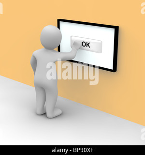 El hombre toca el botón OK en la pantalla táctil. Ilustración 3D prestados.