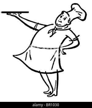 Una versión en blanco y negro de una mujer revolviendo la olla doble en la estufa Foto de stock