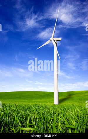 Hermoso y verde pradera con turbinas eólicas generadoras de electricidad