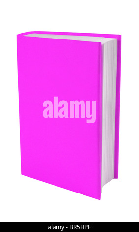 Libro con rosa/púrpura cubrir el recorte sobre un fondo blanco, con copia espacio alrededor o en el libro.