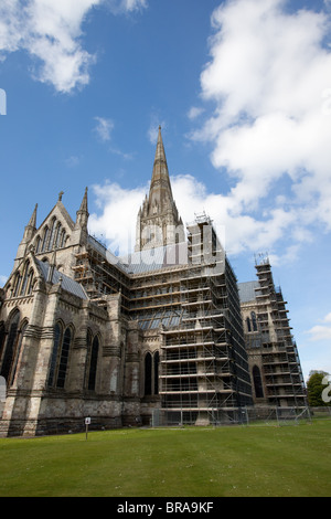 Andamios que rodean los trabajos de restauración de la Catedral de Salisbury Wiltshire, Inglaterra Foto de stock