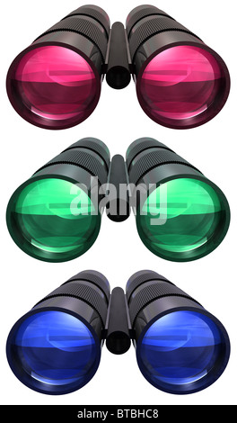 3D prestados unos prismáticos con rojo, verde y azul sobre fondo blanco de lentes Foto de stock