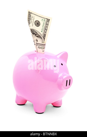 Una vista de una hucha rosa y 100 US dollar en ella Foto de stock