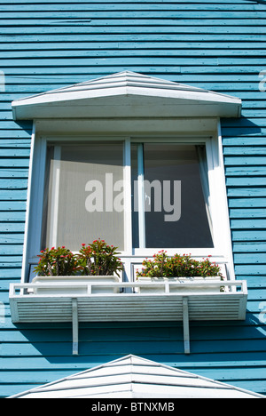 Pequeño balcón con flores en azul de pared de madera Foto de stock