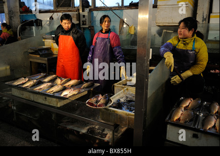 Proveedores venden peces de río viven en un mercado de Beijing, China. 10-Dec-2010