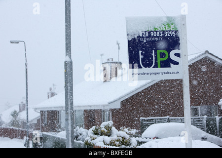 Los agentes inmobiliarios firmar recubiertas de nieve en inviernos fríos con nieve día en Belfast, Irlanda del Norte