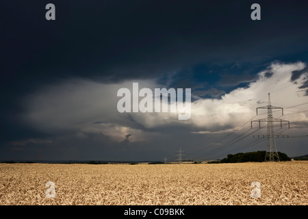 Tormenta de gruesas nubes se ciernen sobre un campo de centeno con postes de electricidad, Baviera, Alemania, Europa