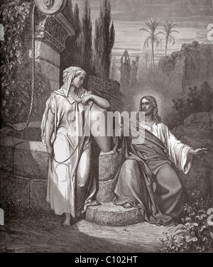 Ilustración bíblica de Jesús y la mujer de Samaria por el pozo de Jacob por Gustave Dore Juan 4:13-14 Foto de stock