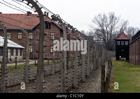 Torre de guardia y cerca del campo de concentración de Auschwitz-Birkenau, en Polonia. Foto de stock