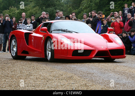 Ferrari Enzo en Rosso Red atrae a una multitud en un show de autos de Wiltshire en Inglaterra. Foto de stock