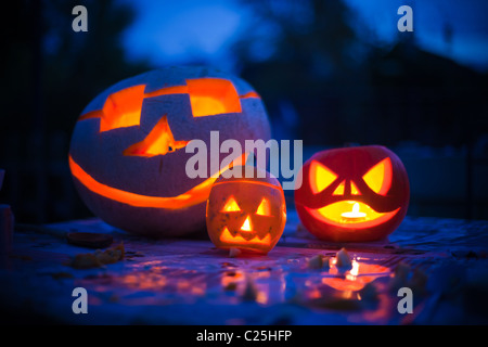 Halloween calabazas mostrando diversas tallas iluminados con velas