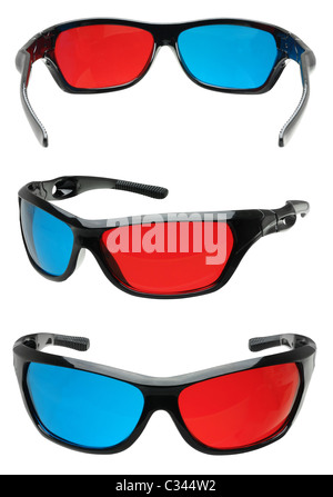 Varios ángulos del cine 3D gafas en rojo y azul sobre blanco de recorte
