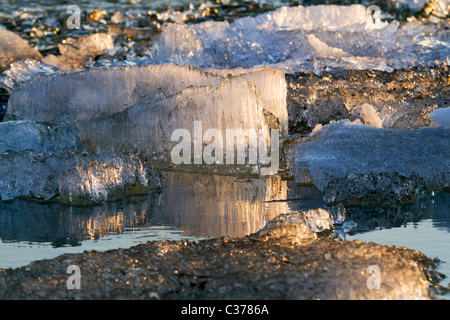 El hielo a la deriva en el río Irtysh de Siberia en el sunset Foto de stock