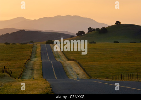 Luz del amanecer dorado más larga recta de dos carriles y rolling hills country road en primavera, Santa Ynez Valley, California. Foto de stock
