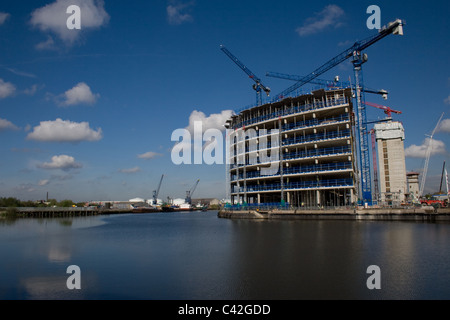 La construcción en la ciudad de Media UK en Salford Quays, Salford, Reino Unido North West