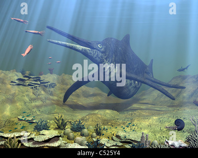 Una masiva Shonisaurus intenta hacer una comida de una escuela de squid-como belemnites. Foto de stock