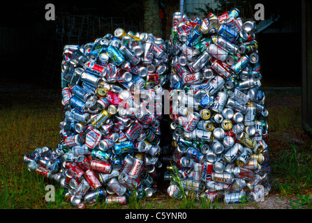 Utiliza el aluminio Soda pop y latas de cerveza que se recoge para su reciclaje llenar dos bandejas de malla de alambre al aire libre en un camping en Florida, EE.UU. Foto de stock