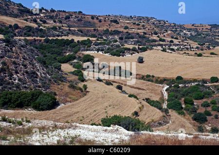 El interior el paisaje del sur de Chipre con la forma inusual campos recién cosechados temprano en verano en las laderas Foto de stock