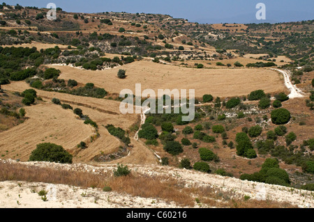 El interior el paisaje del sur de Chipre con la forma inusual campos recién cosechados temprano en verano en las laderas Foto de stock