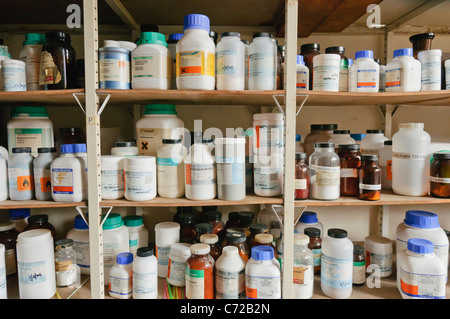 Los productos químicos en los estantes de una escuela laboratorio de química Foto de stock