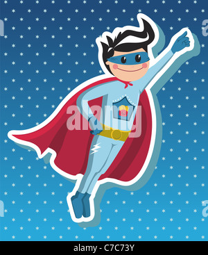 Superhéroe niño volando sobre fondo azul con estrellas poco Vector disponible.
