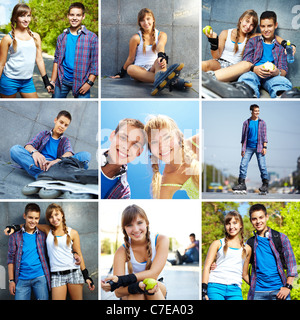 Collage de feliz adolescentes pasar el tiempo libre juntos fuera
