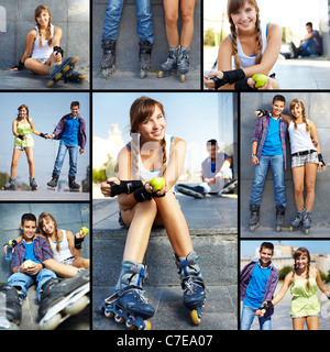 Collage de adolescentes felices gastando tiempo libre fuera