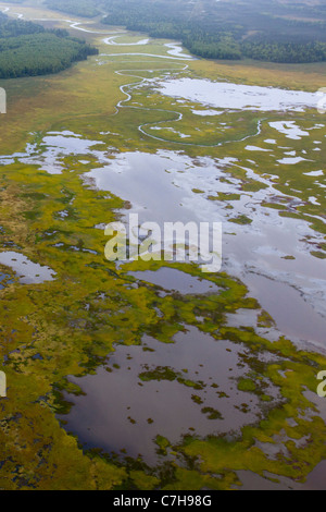 Vista aérea de las tierras pantanosas de Cook Inlet entre el anclaje y el Parque Nacional Lake Clark, Alaska, Estados Unidos de América Foto de stock
