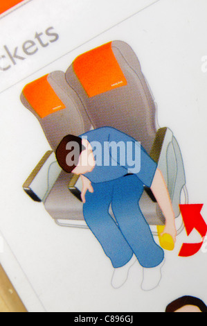 Primer plano de una tarjeta de seguridad aérea que muestra cómo usar el chaleco salvavidas Foto de stock