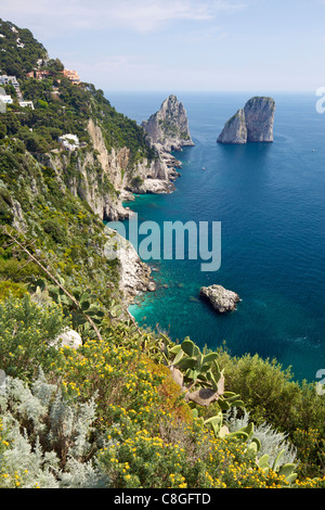 Vista de los farallones de rocas desde los Jardines de Augusto en la isla de Capri, la Bahía de Nápoles, Campania, Italia