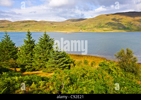 Mirando a través de Loch na Cairidh a la isla de Scalpay desde la Isla de Skye de la costa oeste de Escocia. Foto de stock