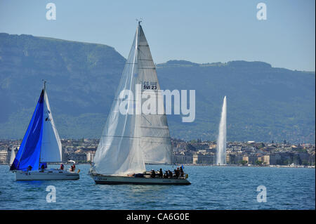 Dos Yates Del Lago Leman Lago De Ginebra En Invierno Gaviota En Primer Plano Los Barcos Son De La Clase Sorpresa Fotografia De Stock Alamy