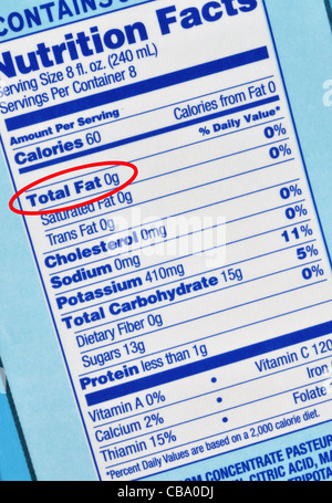 Etiqueta nutricional centrado en ningún contenido de grasa Foto de stock